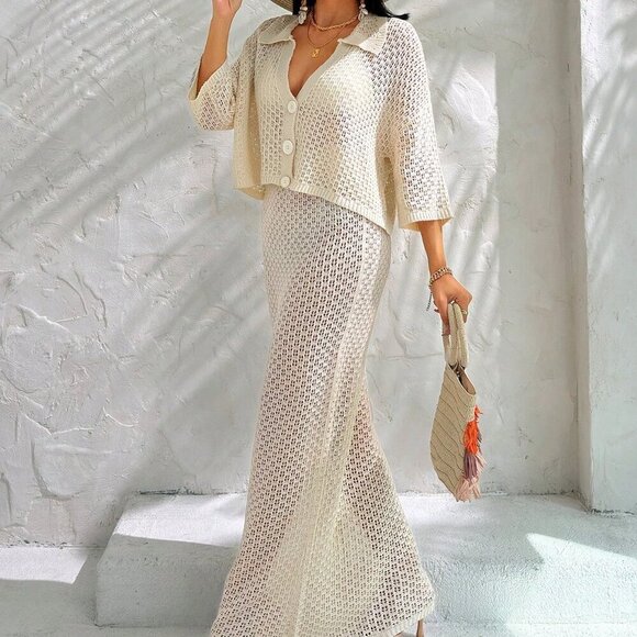 Beige Women's Shirt Blouse And Skirt Two Piece Outfit Cover Up Set - Picture 4 of 5